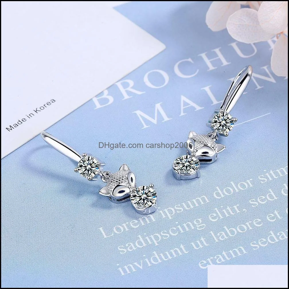 s925 stamp silver plated crystal fox charms pink blue white zircon earrings tassel hook type women`s fashion jewelry earrings wedding party