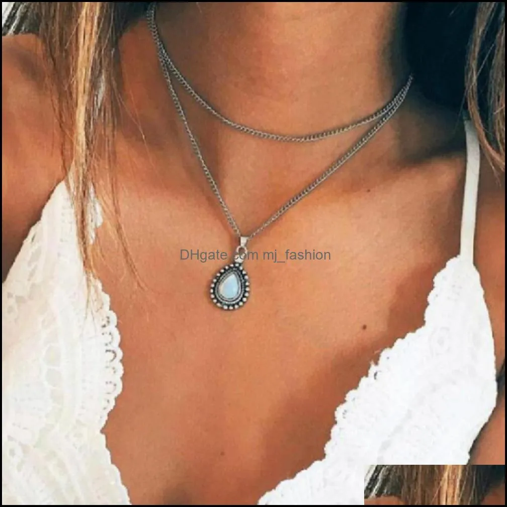 bohemia layered opal choker necklace gemstone teardrop necklaces charm pendant statement jewelry for women and girls
