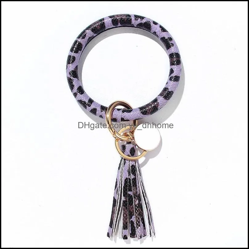 Leather Tassel Keyring Wristlet Key Holder Leopard Printed Bangle Bracelet Keychain Big Circle Keyrings for Girl Jewelry Gift