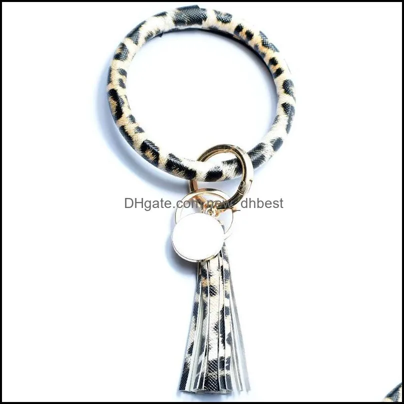 o key ring leopard print leather bracelet keyrings tassel bracelets circle bangle wristlet keychain jewelry accessories l624fa