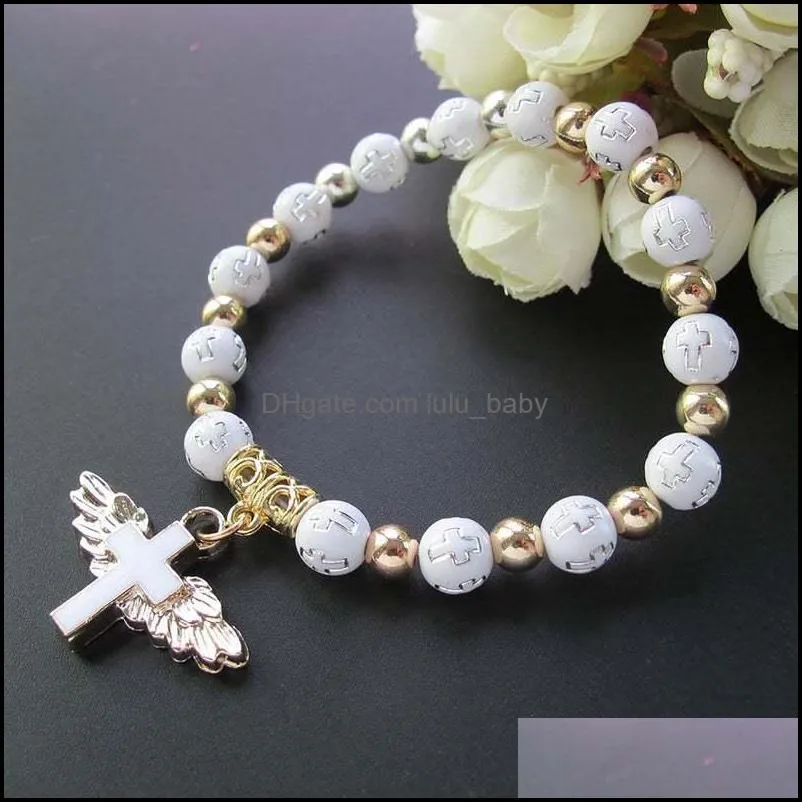 religious prayer bangle rosary bracelets bronzing acrylic cross bead bracelet angel wings pendant chains jewelry free dhl