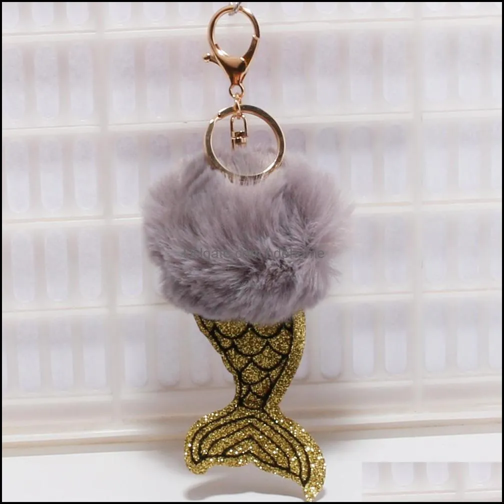 fur ball mermaid keychains keyring 8cm pompom key rings charm pendant keyfob keychain fashion accessories women xmas gifts g252q