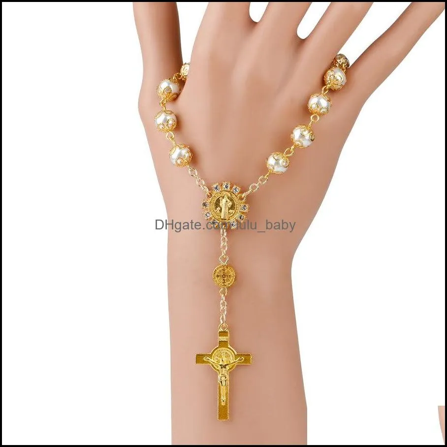 white pearls cross pendant bracelet bangle personality jesus religious rosary bracelets for women jewelry gifts q220fza