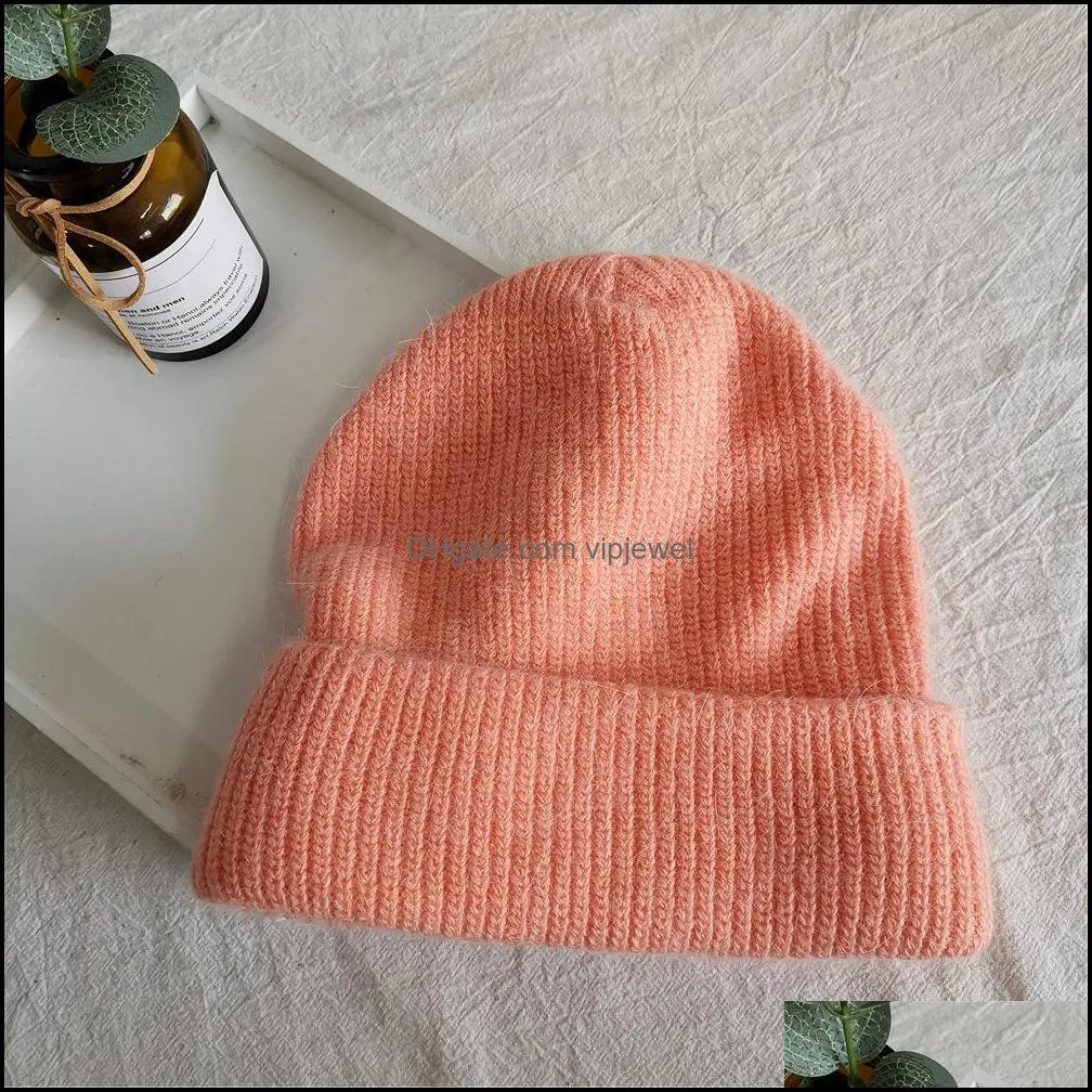 Women`s Winter Hat Women Real Rabbit Fur Knitted Hats Girls Thick Beanie Female Beanies Woman Cap Girl Fashion Solid Warm Skull Caps Lady Headwear