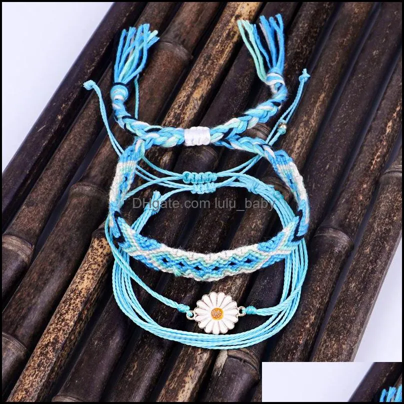 daisy flower wax line braided blue color bohemian bracelet set braided rope waterproof marine surf bracelet bohemian