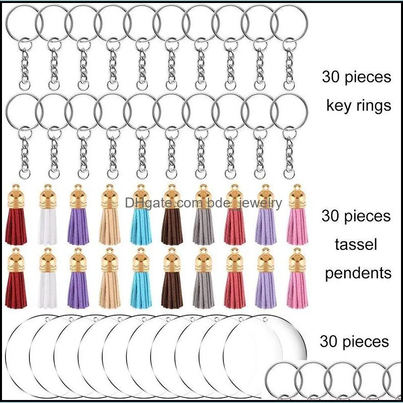 200pcs keychain tassel pendant making kit acrylic blank keychains for diy projects and crafts transparent circle discs key rings