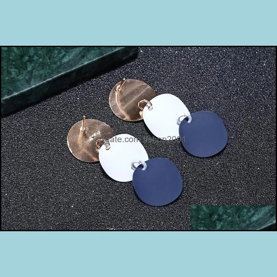 Round Button Dangle Stud Earrings - Triple Gold Blue Acrylic Matte Paint Curved Discs Drop Jewelry Gift for Women