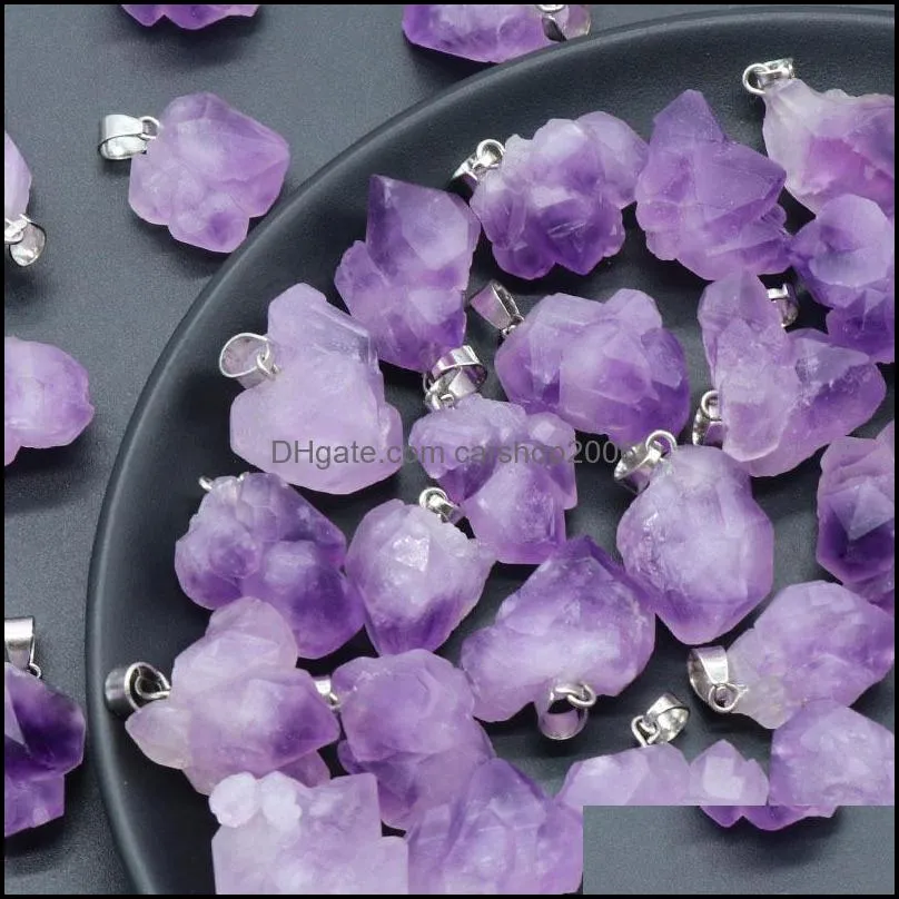 irregular natural amethyst rough stone pendant purple druzy druze charms black rope chain necklace for women men