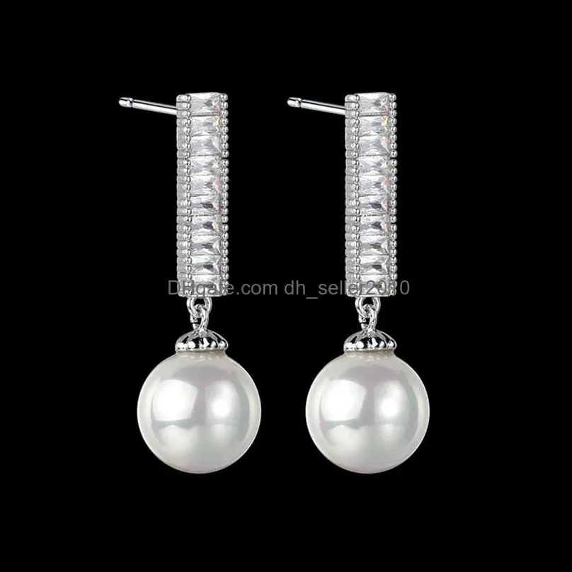 Fashion Linear Copper Inlay Cubic Zirconia Big Pearl Dangle Earrings Platinum Plated Teardrop Wedding Elegant Earrings for Brides