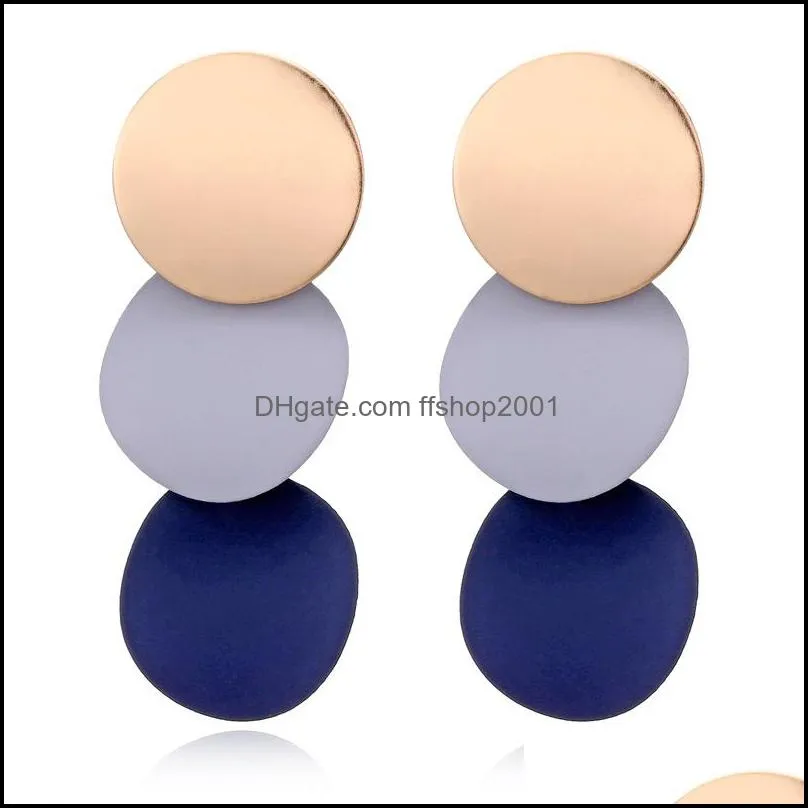 Round Button Dangle Stud Earrings - Triple Gold Blue Acrylic Matte Paint Curved Discs Drop Jewelry Gift for Women