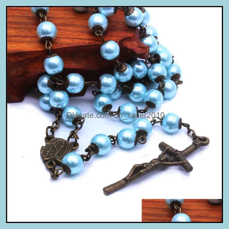 blue pearl rosary necklace women men vintage jesus cross necklaces pendant classic handmade prayer chains religious jewelry