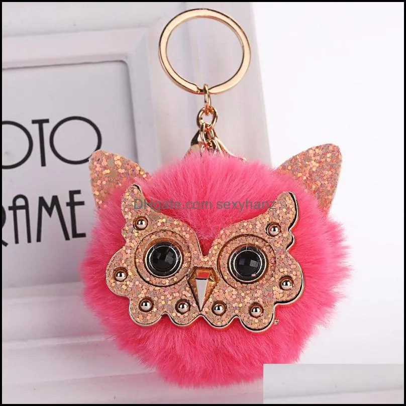 Owl Fluffy Keychain for Women Fur Pompom Ball Keyring Animal Glasses Handbag Key Chains Bag Car Pendent Charms Accesories P44FA