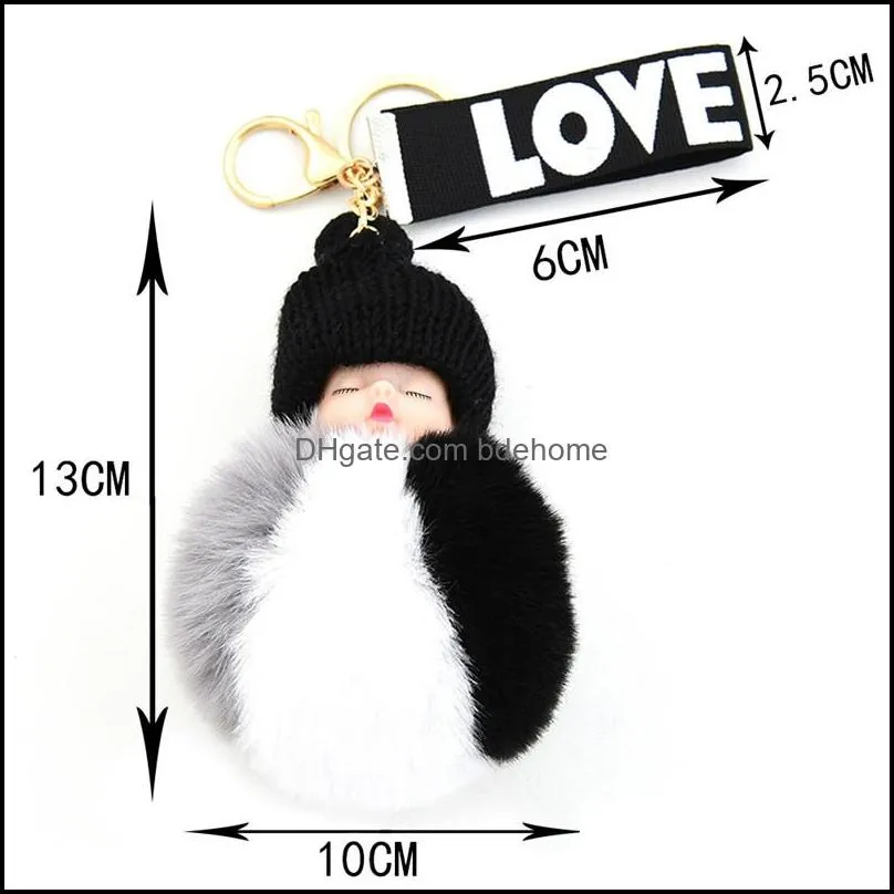 faux fur ball keychains adorable children plush toys cute colorful sleeping baby doll keyring women fluffy pompom key ring