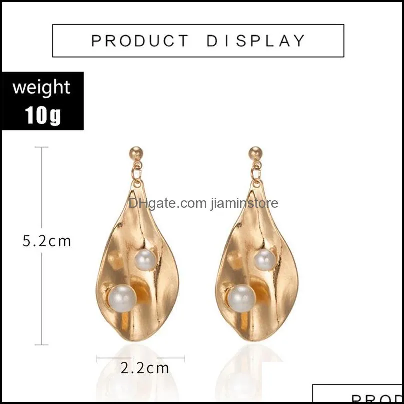 Irregular water droplets petal pearl alloy earrings (2 pearls) shell pendant earrings for women girls 14K gold plated
