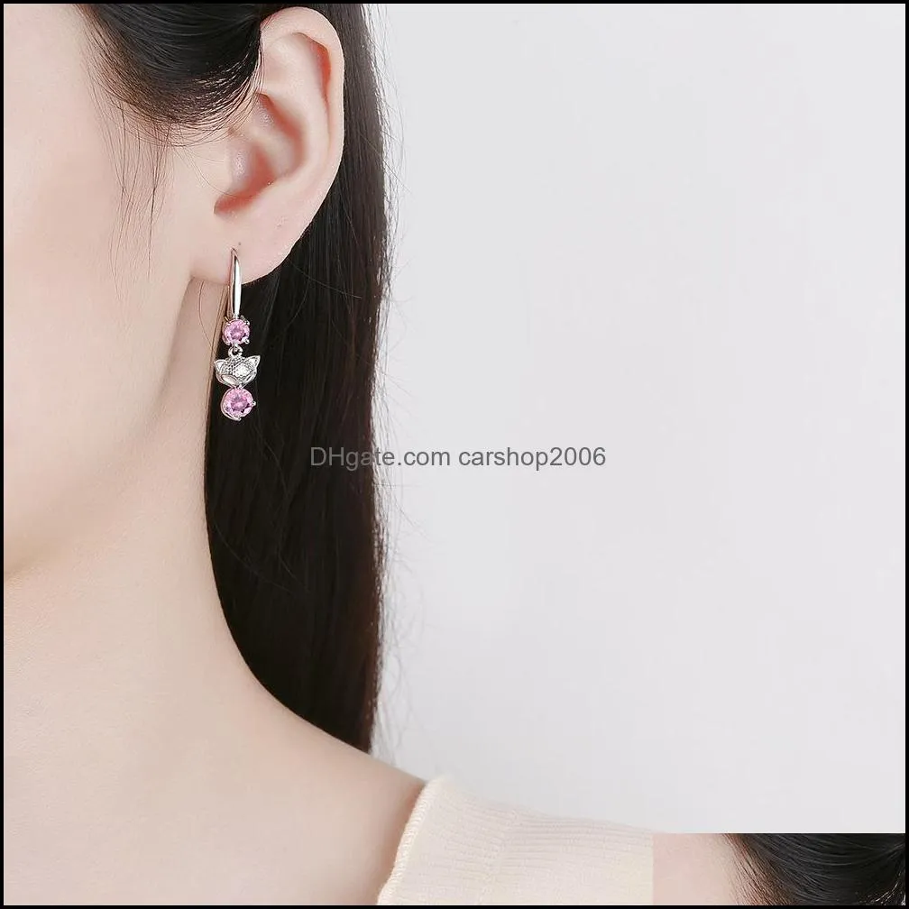 s925 stamp silver plated crystal fox charms pink blue white zircon earrings tassel hook type women`s fashion jewelry earrings wedding party