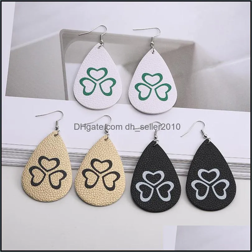 Unique Design Heart Leaf Flower Print Leather Teardrop Earrings for Women Water Drops Faux PU Leather Dangle Earrings Christmas