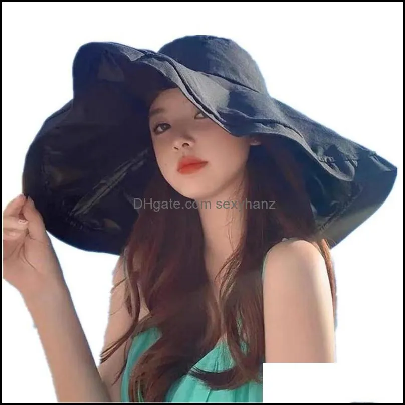 18CM Super Large Wide Brim Women Beach Hats Girl Summer Sun Hat Double-Sided Foldable Anti-UV Caps Woman Sunscreen Cap Bonnet Female Sunhat