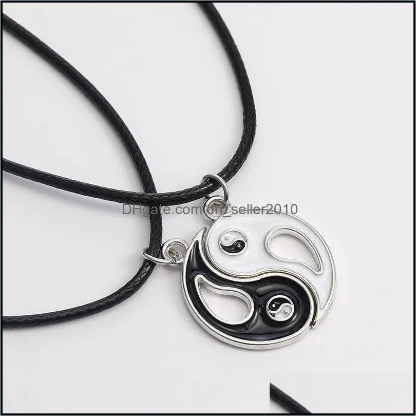 New Fashion Vintage Stitching Yin and Yang Pendant Necklace Couple Leather Rope Chain Necklaces Black White Best Friends Friendship Jewelry
