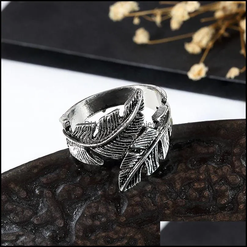 fashion vintage retro women men stainless steel ring feather leaves opening adjustable punk hip hop band ring jewelry gift43 q2