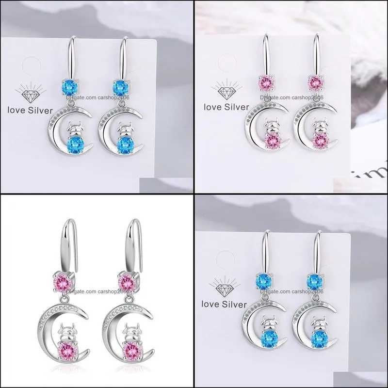 moon cow charms s925 stamp silver earrings blue pink white zircon earring jewelry shiny crystal tassel hoops piercing earrings for women wedding party