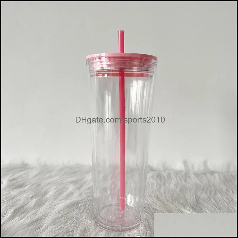 New Flat Lid 710ml 24oz Clear Plastic Double Wall Tumbler With Straw And Lid Lid Reusable Coffee Tea Mugs 6070 Q2