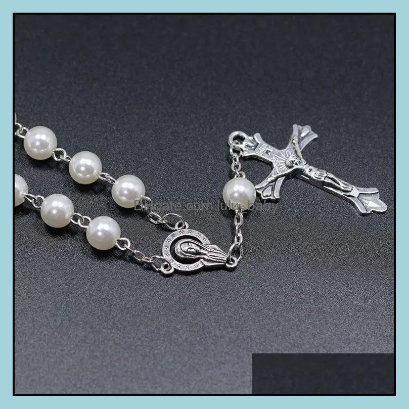 religious rosary bracelet glass pearl beads bangle fashion cross pendent bracelets for women jewelry gift q209fz