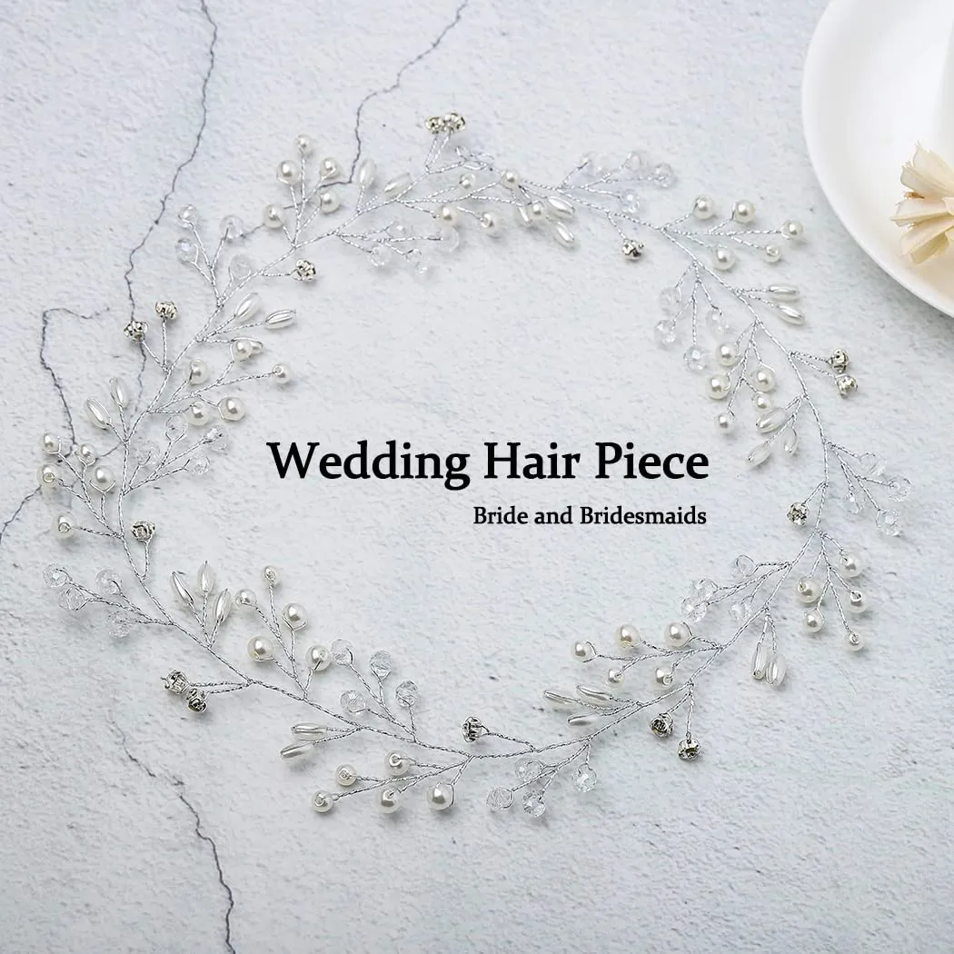 bride wedding pearl hair vine silver rhinestone hair piece bridal hair accessories for women and girls 50 cm