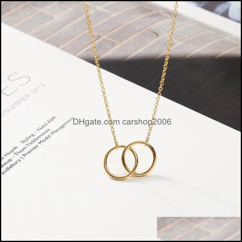 Double Circle Simple Geometric Necklace Gold Silver Double Ring Alloy Pendant Stainless Steel Ladies Jewelry Gift