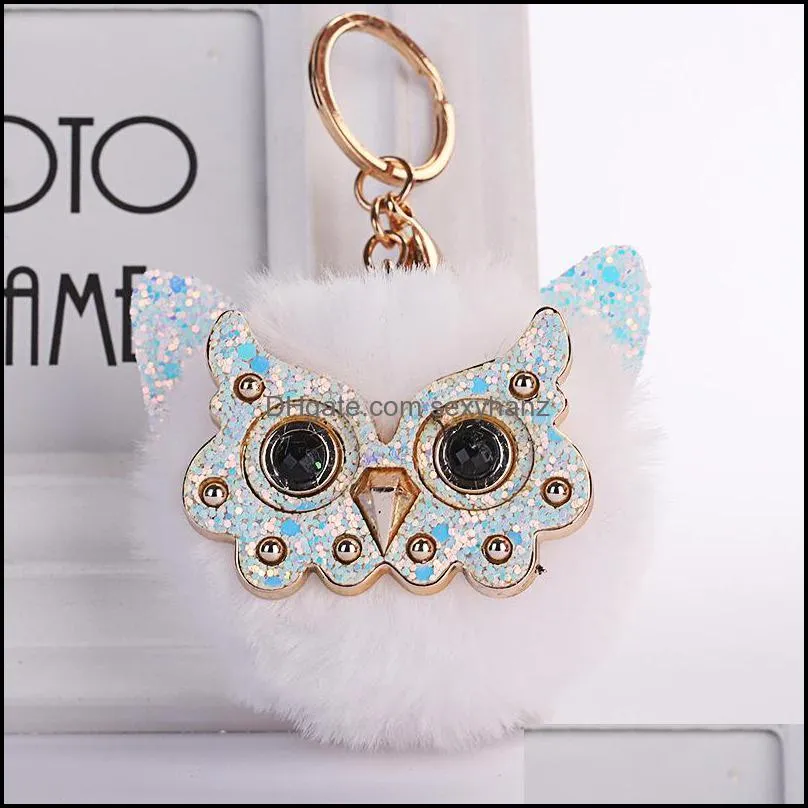 Owl Fluffy Keychain for Women Fur Pompom Ball Keyring Animal Glasses Handbag Key Chains Bag Car Pendent Charms Accesories P44FA