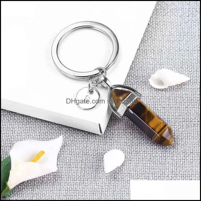 Fashion 26 letter key rings Natural Stone Pendant Keychain Rose Quartz Stones Crystal Lover Key Chains Accessories Jewelry Gift