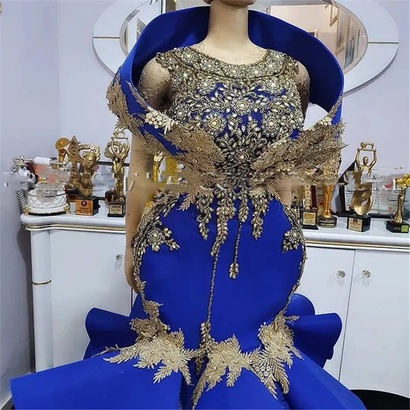 Aso Ebi Mermaid Plus Size Prom Dresses African Evening Gowns Royal Blue Luxury Beaded Lace Black Girls Prom Party Gown Vestidos De Noche