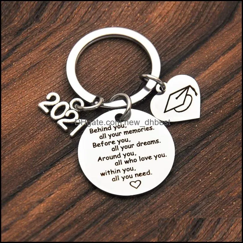 inspirational key chain 2021 graduation gift keychain stainless steel heart pendant keyrings for friends girls boys free dhl