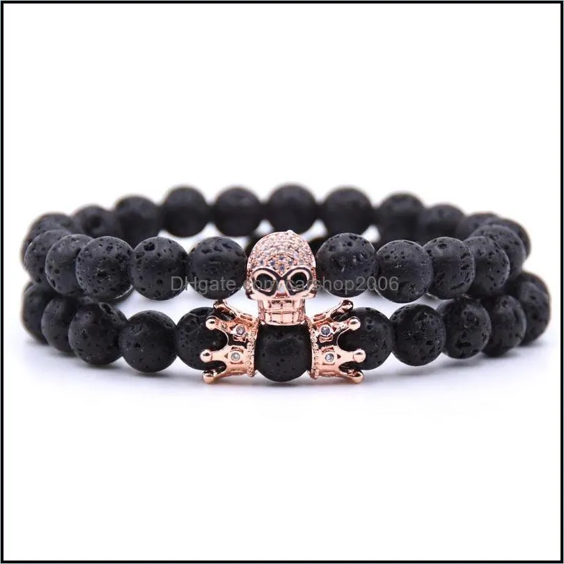 Couple black matte agate lava beads crown zircon skeleton 8 mm beaded bracelet (2 pieces)