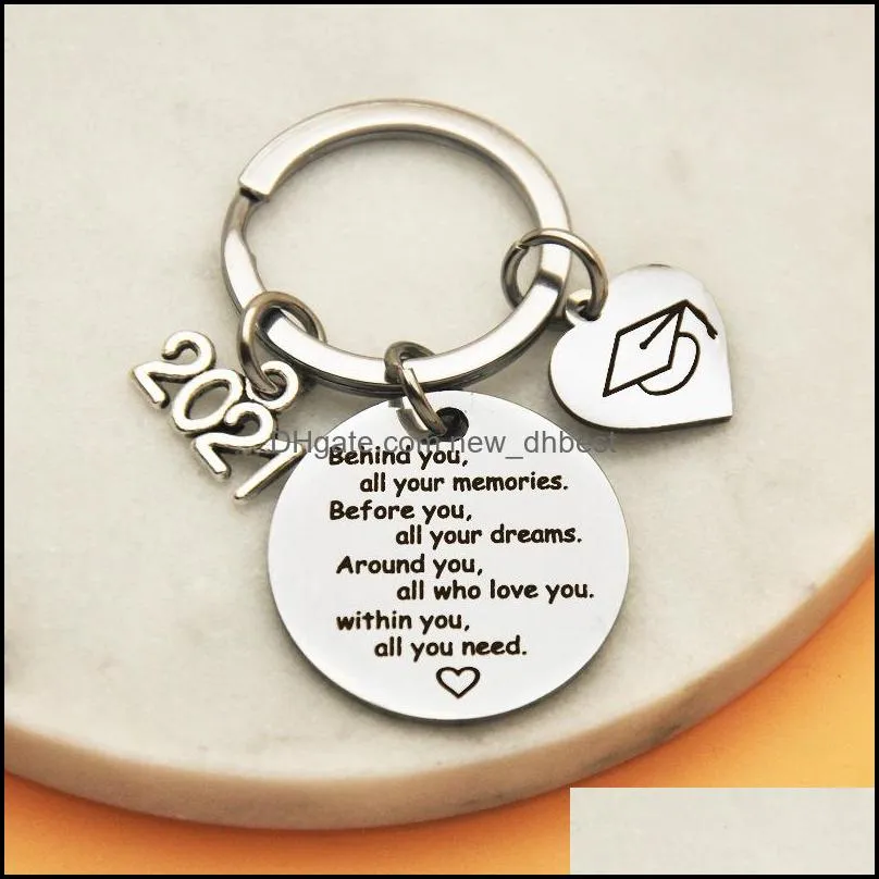 inspirational key chain 2021 graduation gift keychain stainless steel heart pendant keyrings for friends girls boys free dhl