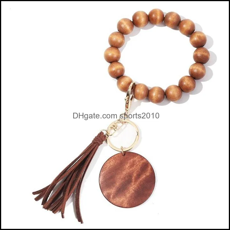 High Quality Party Favor Wooden Bead Wrist Stretch Keychain Bracelet with Tassel Wristband Bangle Keychain 5019 Q2