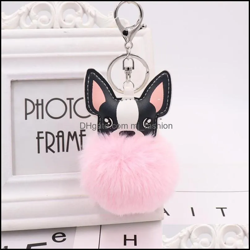 women dog faux fur pompom key rings jewelry high quality stylish fluffy plush keychains holder charm pendant keyring ornament