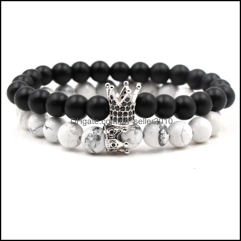 natural black stone crown bracelets set for women men 8mm yoga beads healing energy bracelet bangle handmade jewelry free dhl m475a