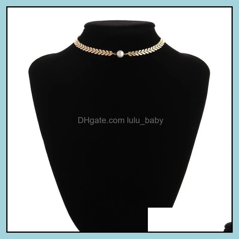 women simple delicate gold layered chokers handmade chain necklace with artificial pearl cheap wholesale drop shipping