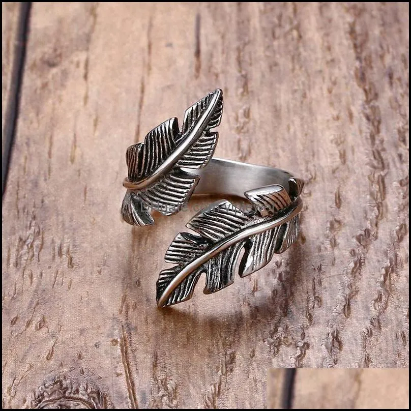 fashion vintage retro women men stainless steel ring feather leaves opening adjustable punk hip hop band ring jewelry gift43 q2