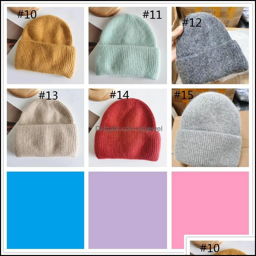 Women`s Hat For Women Winter Real Rabbit Fur Knitted Hats Girls Thick Beanie Female Beanies Woman Cap Fashion Solid Warm Skull Caps Lady Headwear