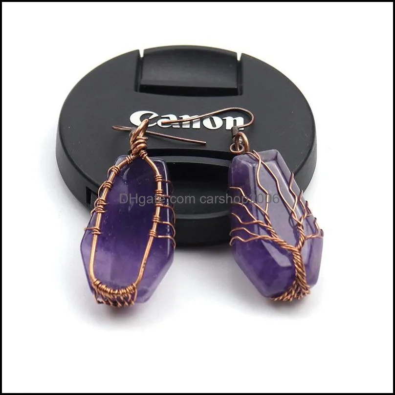 bronze natural stone crystal agate dangle earrings wrap tree of life lucky treature coffin shape charms earrings wholesale women