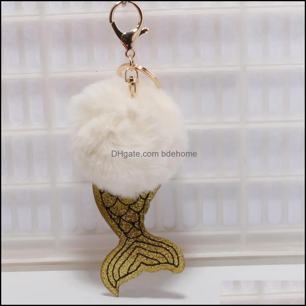 fur ball mermaid keychains keyring 8cm pompom key rings charm pendant keyfob keychain fashion accessories women xmas gifts g252q