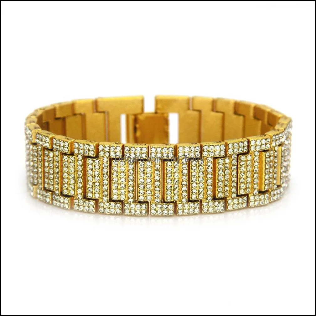 men jewelry gold plated cz watch band bracelet hip hop bling crystal rhinestone cuban chain bangle