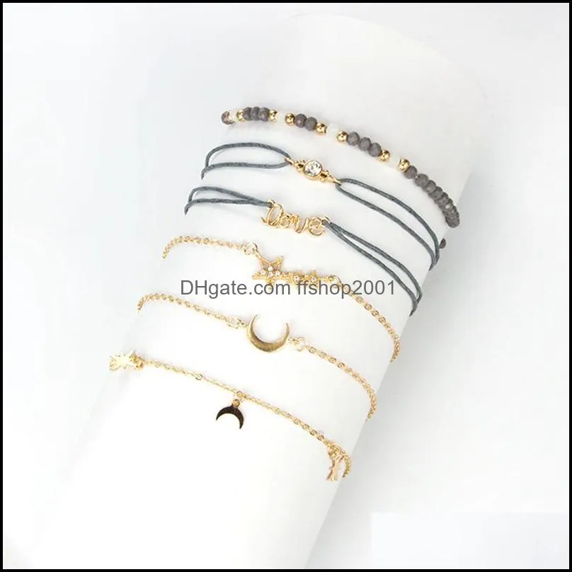 6pcs fashion simple love five-pointed star moon combination natural stone chain bead bracelet set handmade bohemian adjustable rope