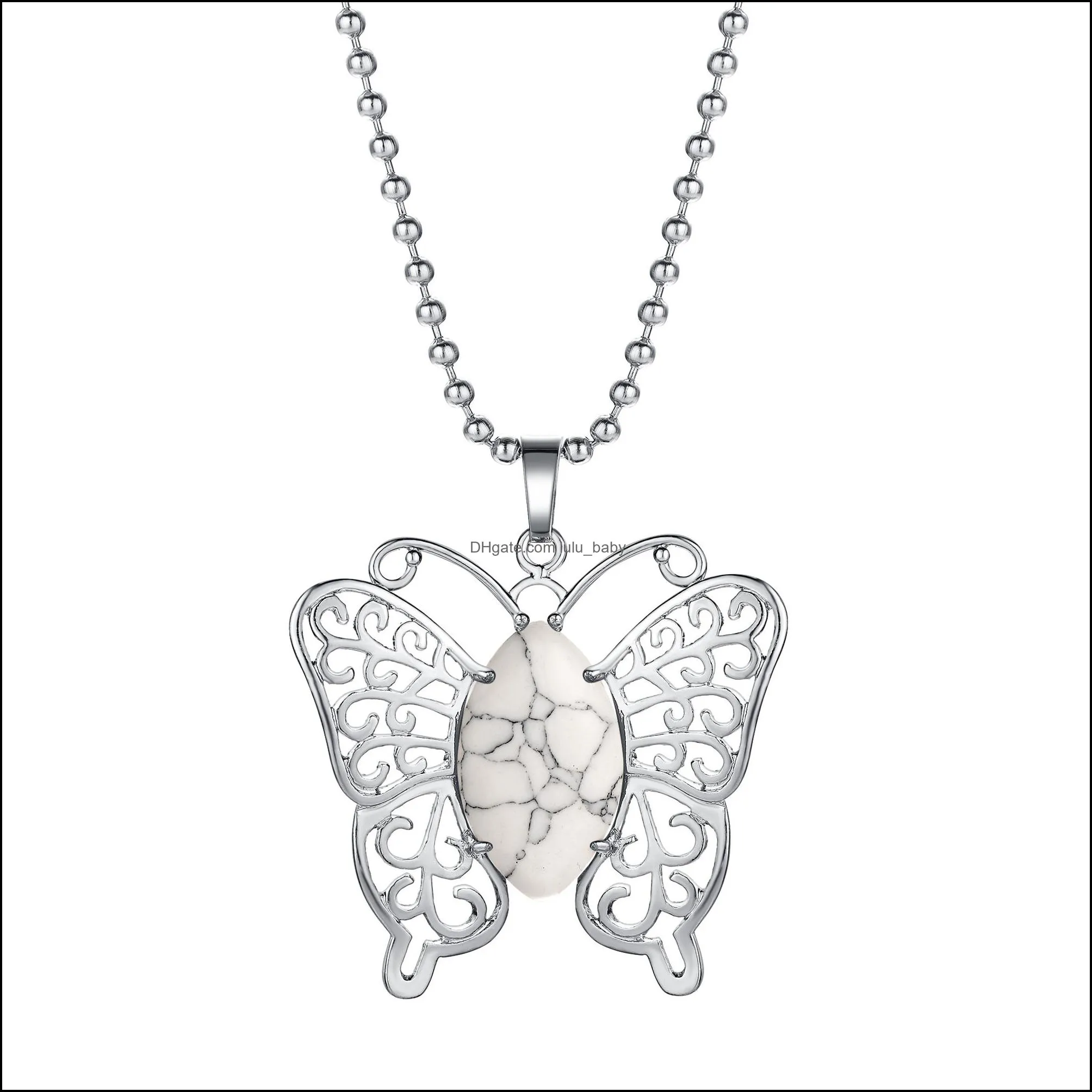 natural stone butterfly woman pendant necklace stainless steel designer luxury sweater chain 12pcs