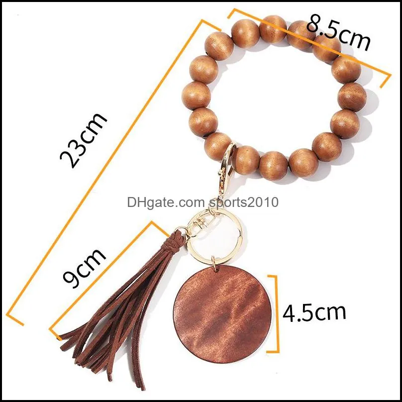 High Quality Party Favor Wooden Bead Wrist Stretch Keychain Bracelet with Tassel Wristband Bangle Keychain 5019 Q2