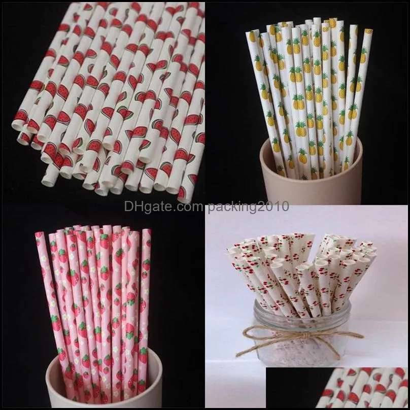Cartoon Paper Straws Disposable Kraft Paper Pineapple Environmental Protection Straw Drinks Party Decorate Strawberry New Arrival 04ys
