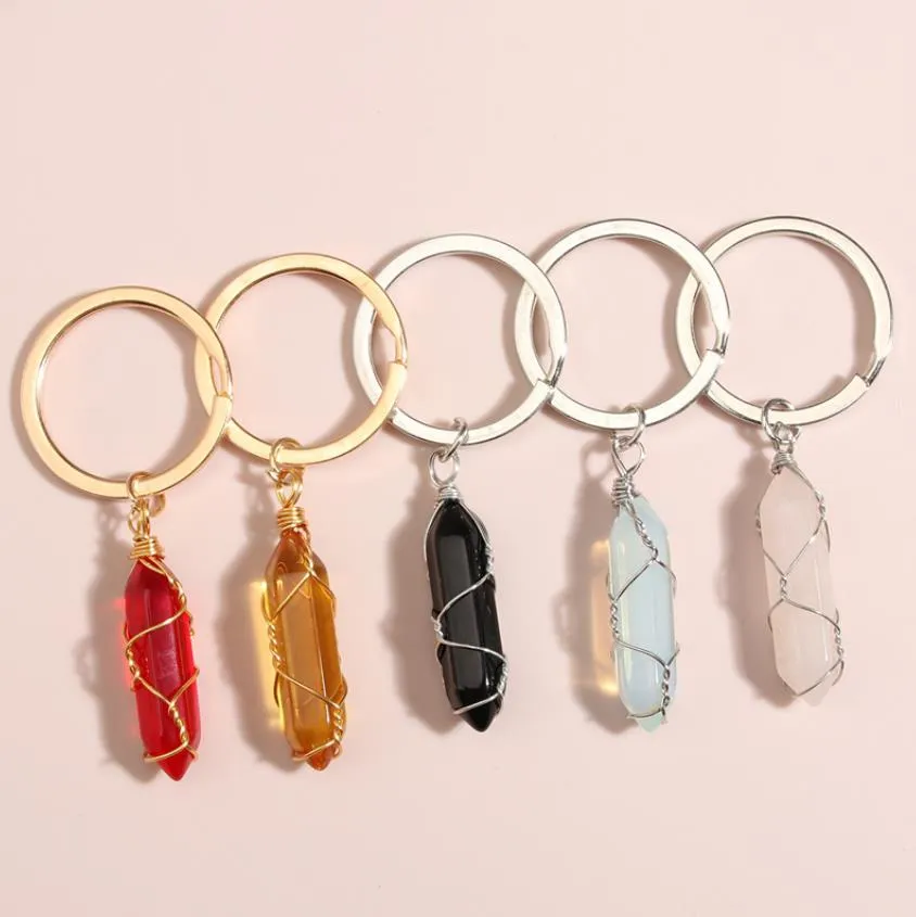 Wire Wrap Natural Stone Hexagonal Prism Key Rings Healing Crystal Pink Crystal Car Decor Keyholder Keychains for Women Men