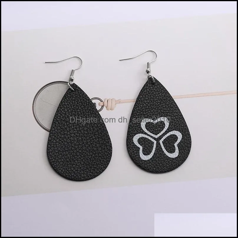 Unique Design Heart Leaf Flower Print Leather Teardrop Earrings for Women Water Drops Faux PU Leather Dangle Earrings Christmas