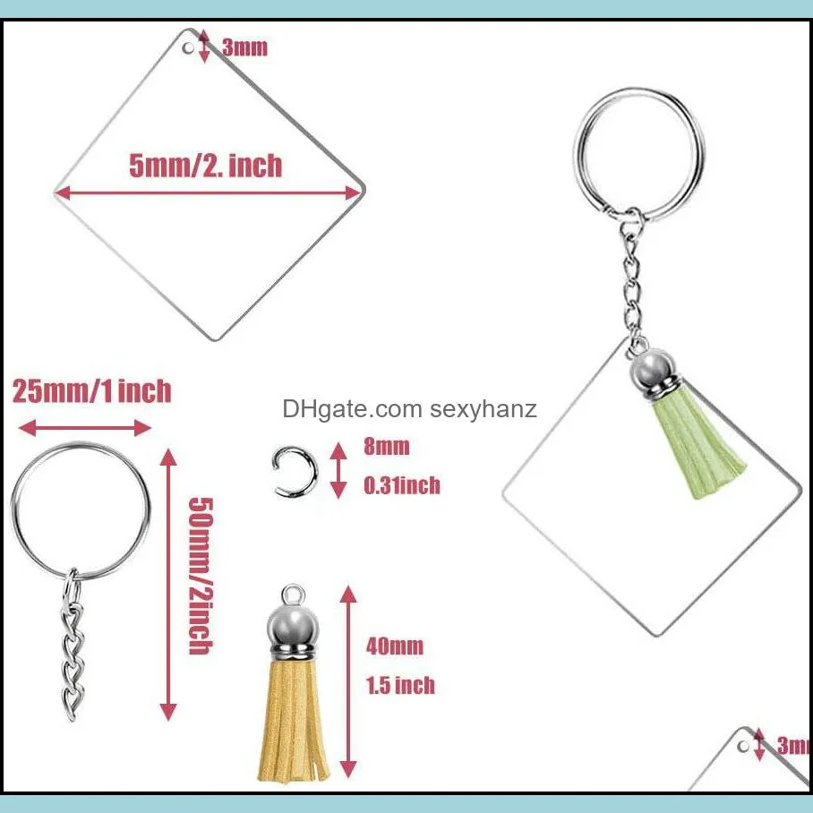 120Pcs Square Acrylic Keychain Blank Tassel Set Women Bag Pendant Car Key Rings with Chain DIY Craft Jewelry Ornament Making Kit